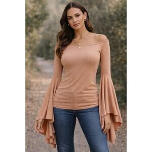 We The Free Free People XS Blush Bell Sleeve Off Shoulder Boho Knit Top